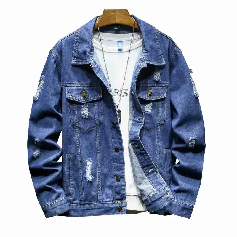 

2021 Men's Large Ripped Autumn Trendy Handsome Denim Jacket Youth Lapel Casual Jacket