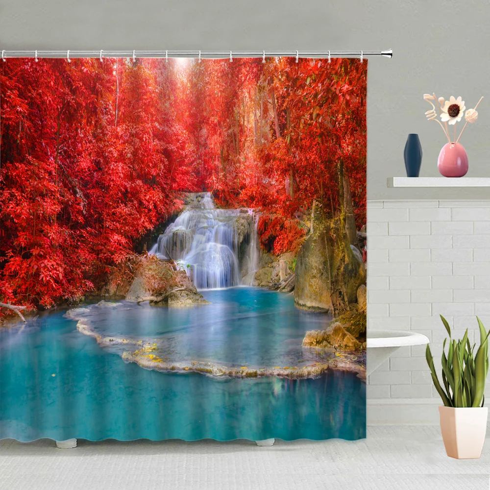 

Autumn Forest Scenery Shower Curtain Set Waterfall Woods Plant Red Maple Leaf Home Bathroom Deco Hanging Curtains Bathtub Screen