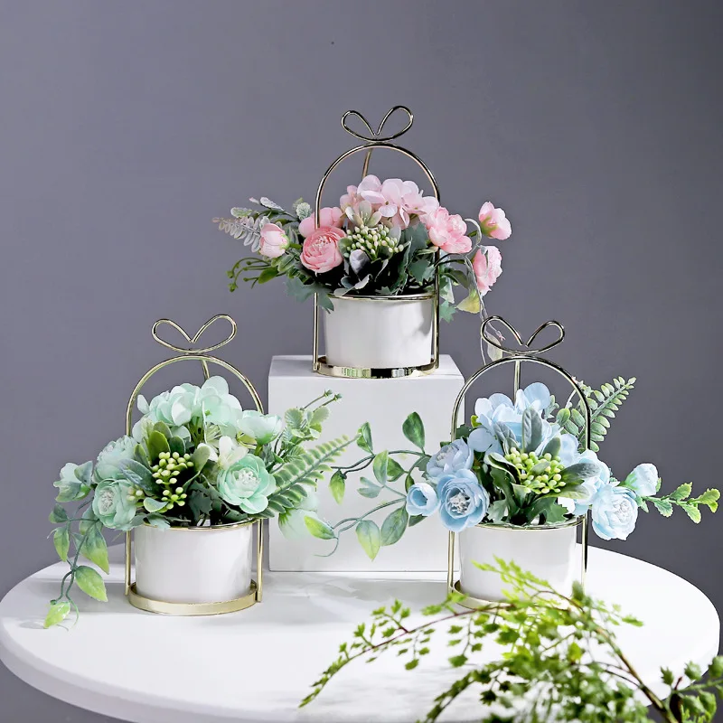 

Artificial Flowers With Ceramic Flowerpot And Iron Stand Home Decor Wedding Party Room Decoration Nordic Ins Simulation Flower