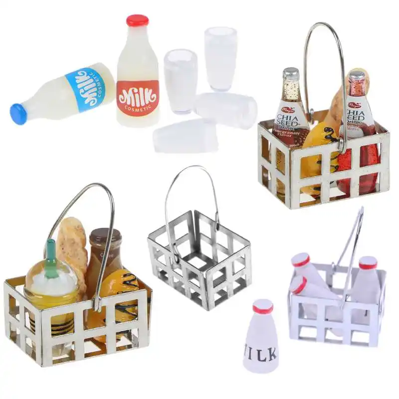 Еда металл Кофе Вино хлеб корзина бутылки с молоком + чашка для завтрака 1:12