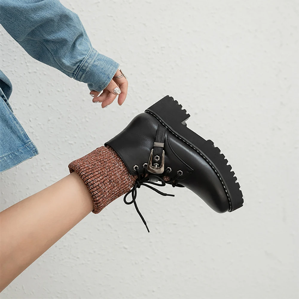 

WETKISS Women's Ankle Snow Boots Fashion Buckle Strap Casual Round Toe Lace up Socking Boots