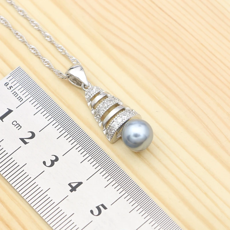 Grey Pearl White Cubic Zirconia 925 Silver Jewelry Set For Women Party Accessories Earrings Ring Pendant Necklace Kit | Украшения и