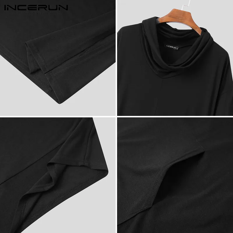 

Short Sleeve Turtleneck Loose Jubba Thobe INCERUN Mens Solid Casual Robes Fashion Hem Splitting Muslim Robes Streetwear S-5XL 7