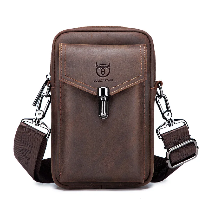

BULLCAPTAIN Crazy Horse Leather Men's Waist Bags Multifunctional 7-Inch Mobile Phone Bag Bag Male Shoulder Messenger Bags