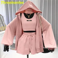 Spring Summer Casual Sports Three-Piece Set Suit Female 2021 Fall Vest Shorts Hooded Jacket Fashion Tracksuit Women Sets