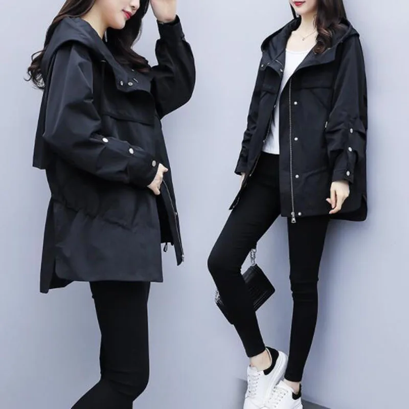 

Windbreaker Women's Mid-Length 2022 Autumn New Loose Hooded Jacket Trench Coat Female Students Small Slim Clothing Tops L275