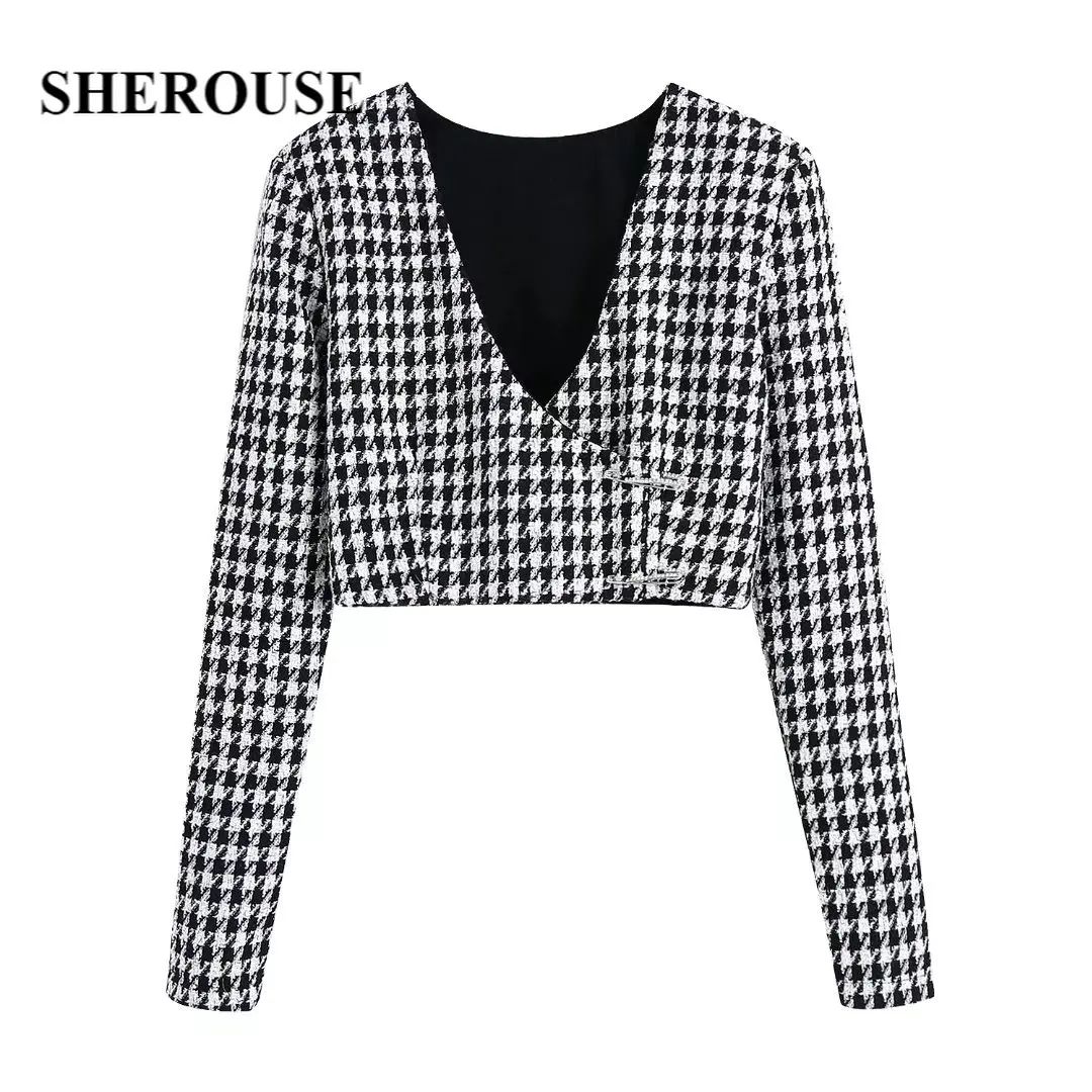 

Sherouse Women Fashion Textured Crop Top with Surplice Neckline Long Sleeves Shiny Pins on Front Chic Lady Woman Short Top