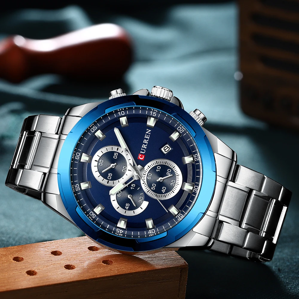 

New Mens Watches Fashion Casual Stainless Steel Band Chronograph Quartz Watch Men Date Sport Military Male Clock 8354