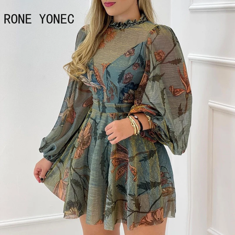 

Women Chic Round Frill HemNeck Mesh Puff Sleeve Mini Party Dress