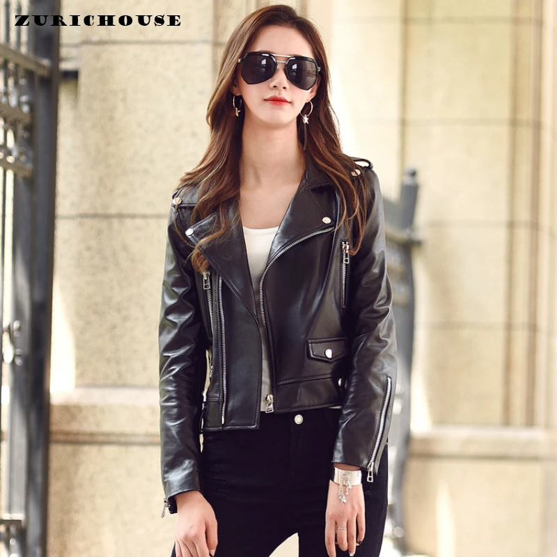 

ZURICHOUSE Genuine Leather Woman Fashion 2020 Plus Size Short Slim Moto Biker Zipper Sashes Natural Sheepskin Leather Coat