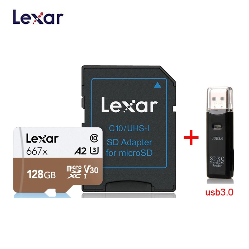 128GB-usb3.0 Новинка года Lexar Professional 667x micro SDXC UHS-I карты SD карты памяти 64 ГБ 128 ГБ 256 ГБ U3 V30 A2 100 МБ/с./с чтение 90 МБ/с./с Запись - Емкость: 128GB-usb3.0