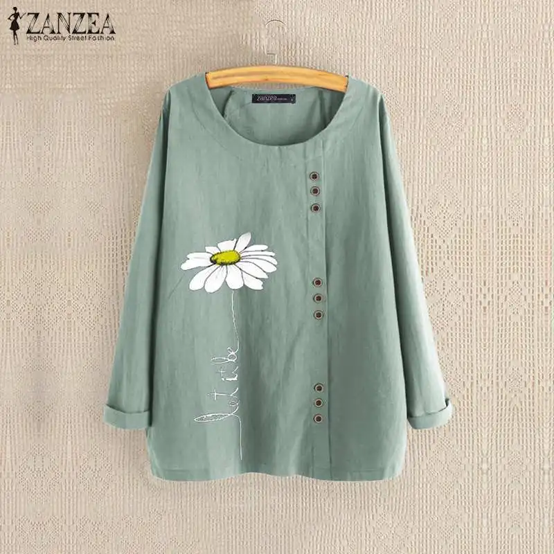 

ZANZEA Autumn Blouse Women Casual Long Sleeve Shirt Femininas Floral Blusas Robe Femme Vintage Printed Tops Cotton Linen Blouses