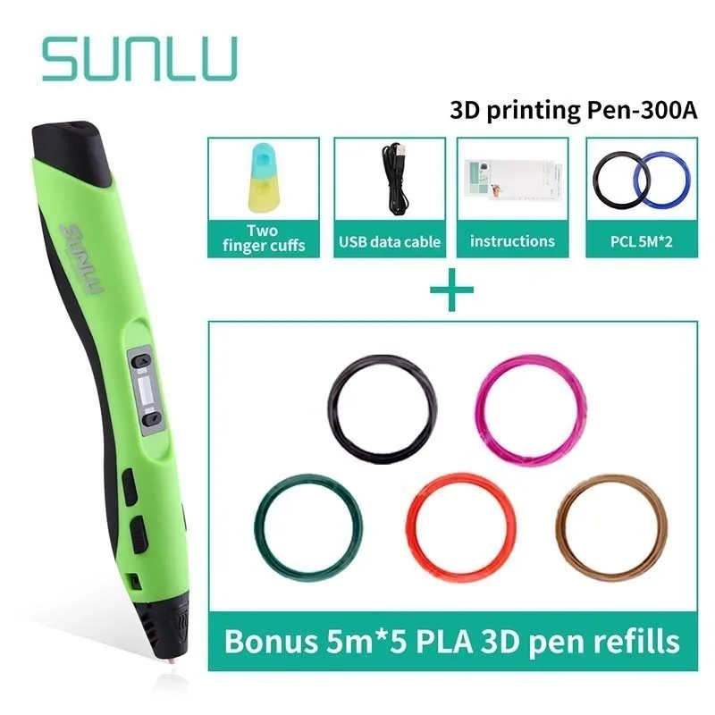 SUNLU 3D печать Ручка SL-300A низкая температура дети 3D Ручка для рисования поддержка пла/АБС/PCL нити Лучший подарок для детей и взрослых - Цвет: SL-300A-5.5-Green