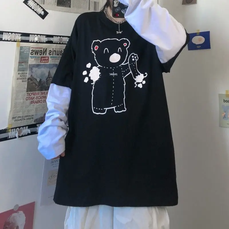 

Patchwork Rock Tshirt Streerwear Autumn Japanese T Shirt Bear Print Tees Girl Hip Hop Tops Causal Loose Punk T Shirts Female