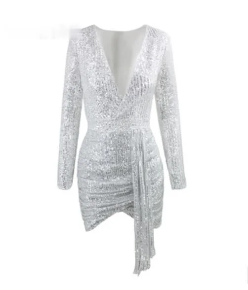 

Zoulv 2021 Women Sexy Deep V-neck Slim Mini Dress Autumn Long Sleeve Irregular Party Dress Silver Sequined Bright Bodycon Dress