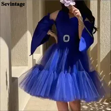 Sevintage royal azul cetim tule arábia saudita vestidos de baile mangas compridas midi formal vestidos de festa a linha dubai vestido de noite feminino (1)