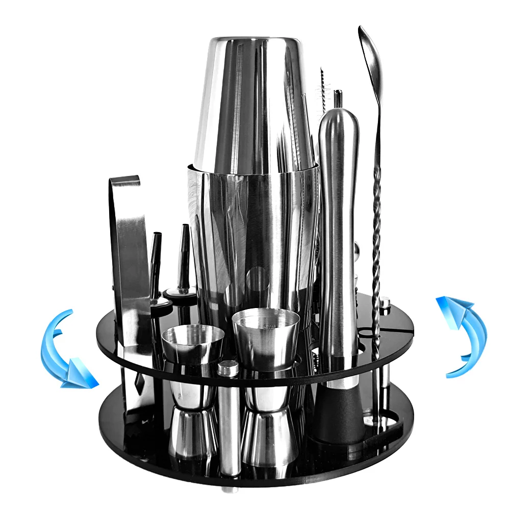 Bartender Kit 20-Piece Boston Cocktail Shaker Set Rotating Round Bracket Suit For Mixed Drinks Martini Bar Tools Stainless Steel