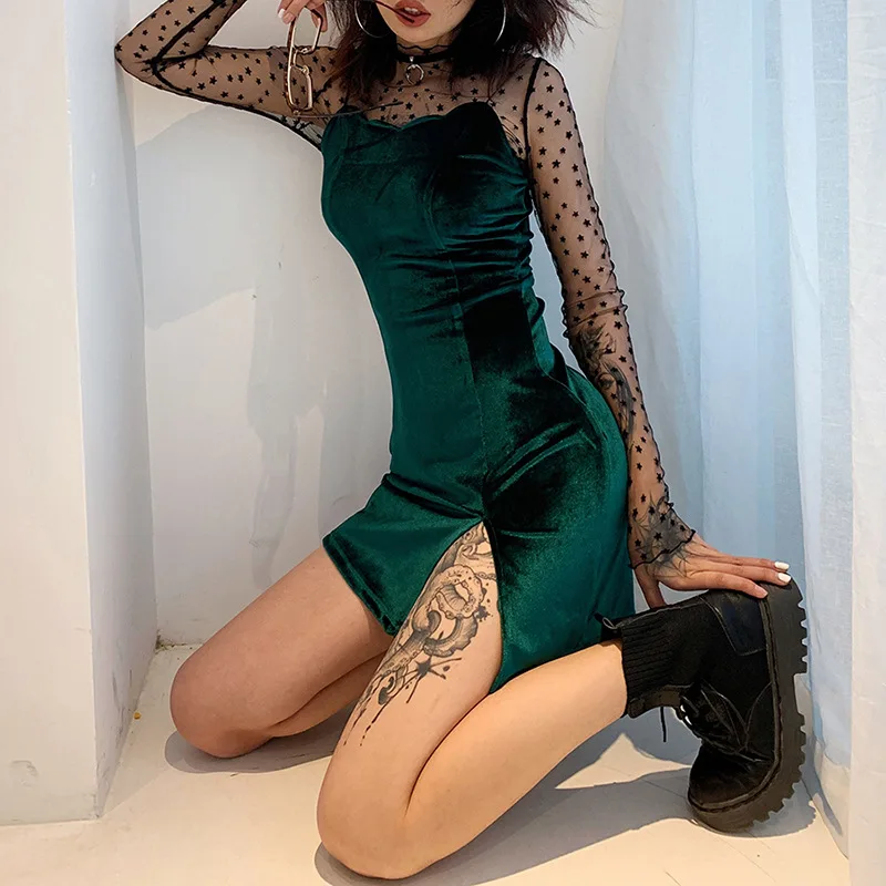 Модные женские облегающие Мини платья элегантные сетчатые с длинным рукавом