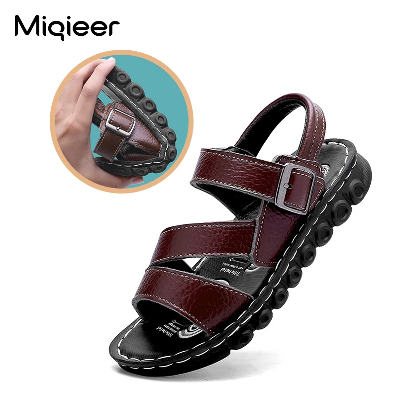 

Children Genuine Leather Sandals 2021 Summer Breathable Boys Girls Beach Shoes Outdoor Roman Sandals Soft Non-slip Kids Shoes