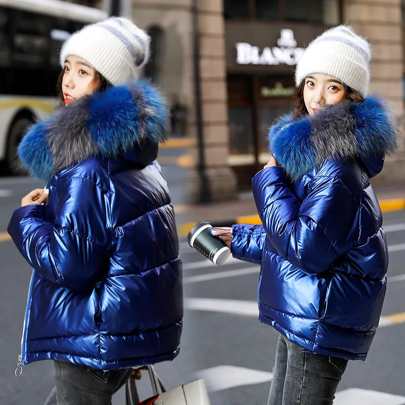 

2020 New Winter Jacket Women's Parka Fur Collar Hooded Down Cotton Jacket Female Glossy Casual Cotton Padded Parkas Outerwear