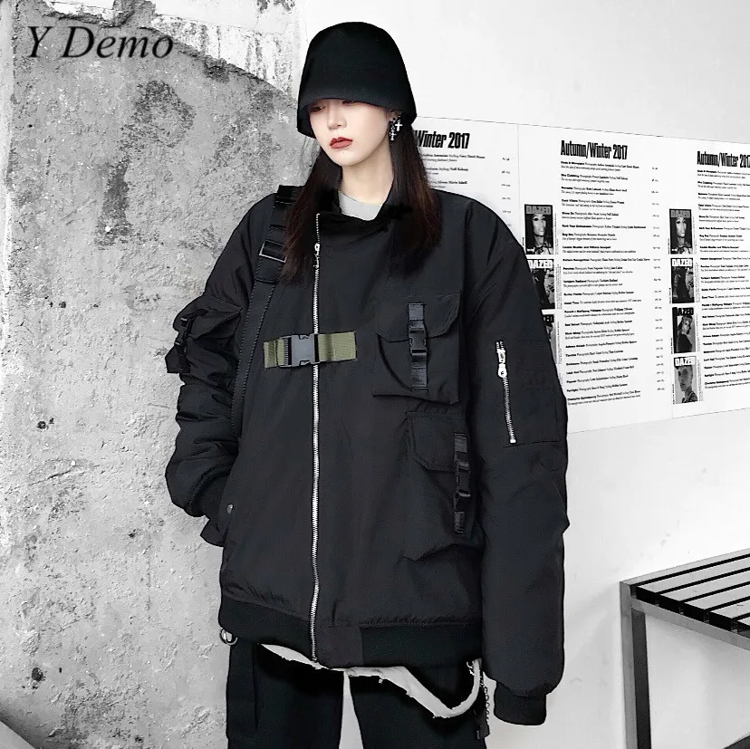 Новый кибер панк Techwear куртка на молнии свободные пряжка с карманом Для женщин Рок