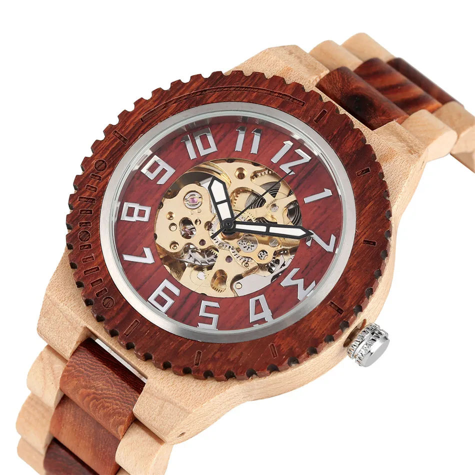 

REDFIRE Creative Full Wooden Golden Skeleton Mechanical Watch Men's Bangle Clock Automatic Mens Watches Luxury Male Wristwatch