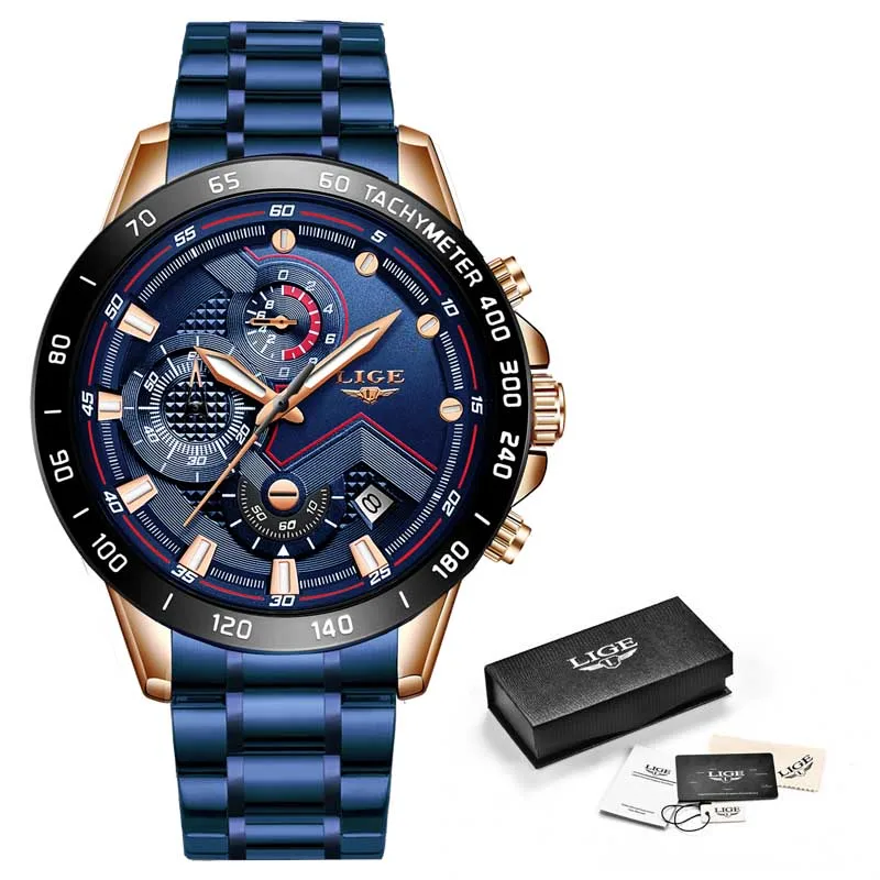 Rose gold blue LIGE, новинка, модные мужские часы из нержавеющей стали, Топ бренд, Роскошные Спортивные кварцевые наручные часы с хронографом, мужские часы - Цвет: Rose gold blue