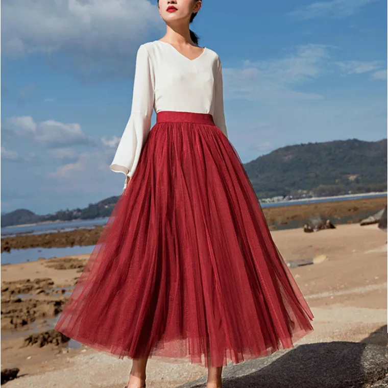 

Summer European Style Women Fashion Long Mesh Pleated Skirt Girls Office Swing Tulle Tutu Skirt Elegant Ball Gown Elastic Waist