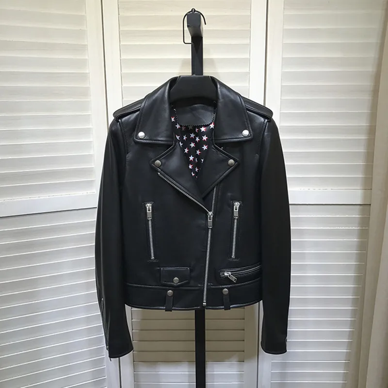 

Женская Байкерская кожаная куртка, дизайнерское высококачественное пальто из натуральной овечьей кожи, C308, осень 2020