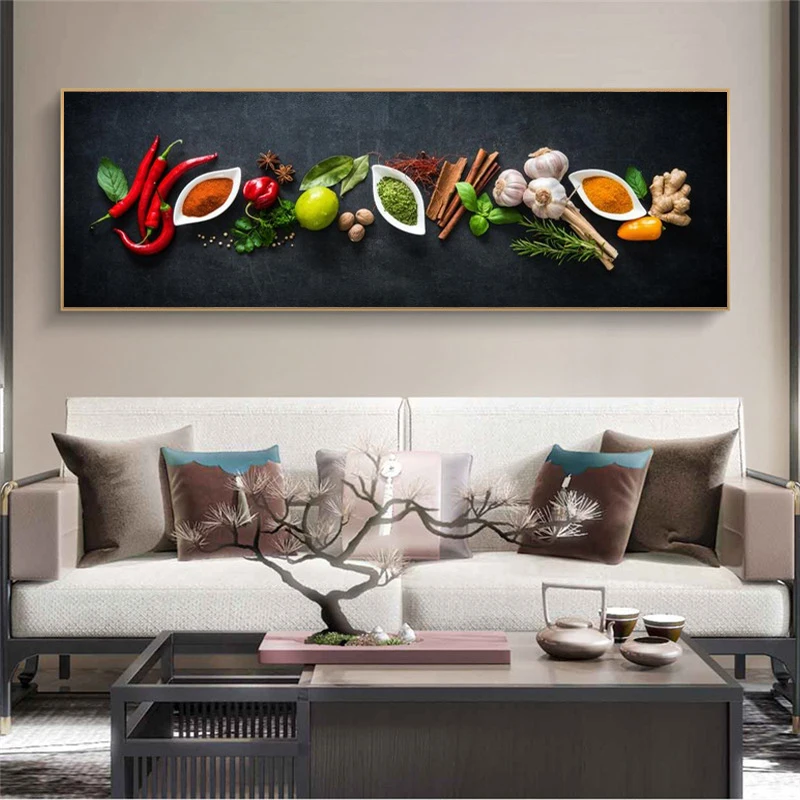 

Kitchen Themed Wall Art Decor Vegetables and seasoning In Table Canvas Paintings Food Cooking Ingredients Canvas Art Print Decor
