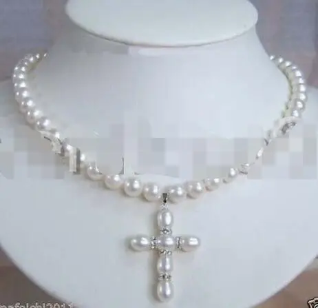 

JEWELRY 7-8MM PEARL AND PEARL CROSS PENDANT NECKLACE