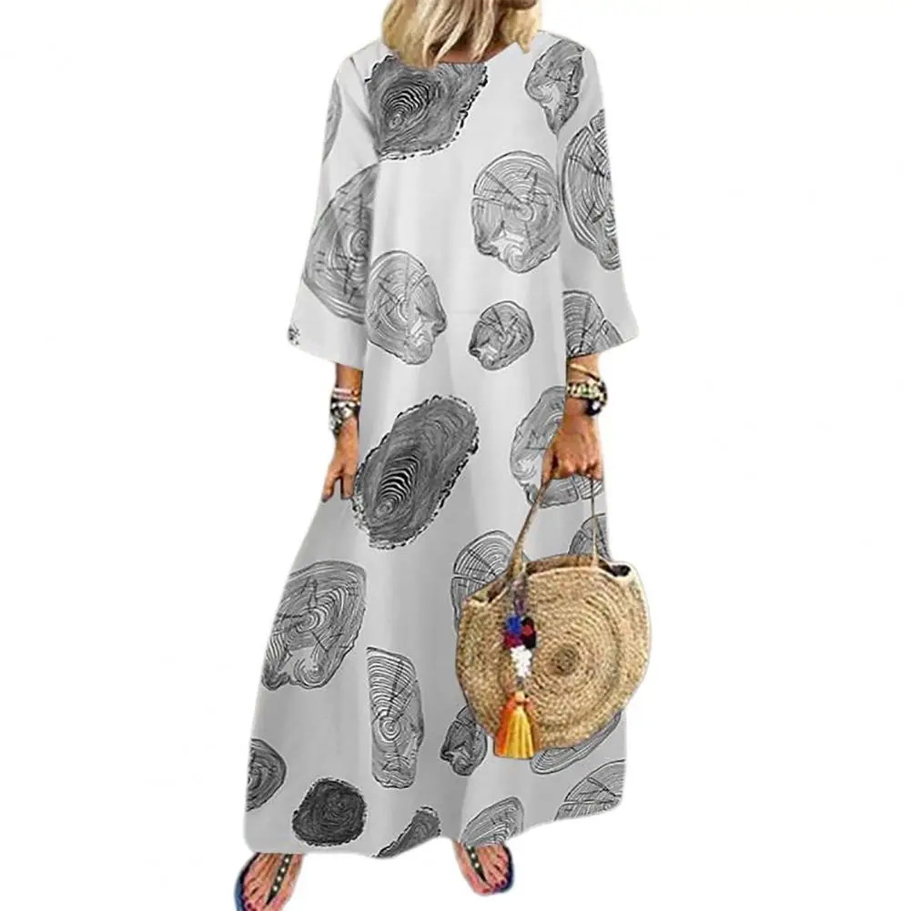 

Stylish 3/4 Sleeve Printing Casual Dress Women Breathable Skin-friendly O Neck Large Hem Maxi Dress Streetwear for Outdoor