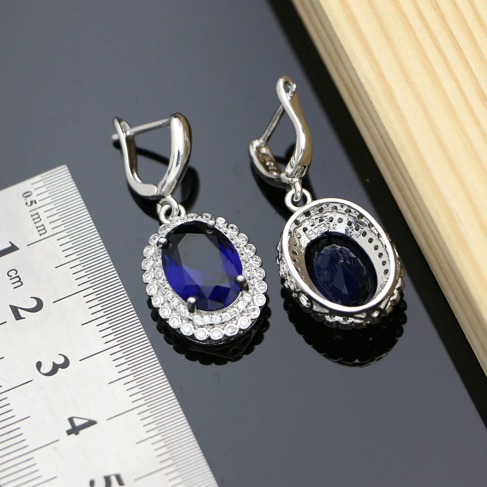 Серьги из синего камня с белым кристаллом серебро 925 пробы украшения для невесты