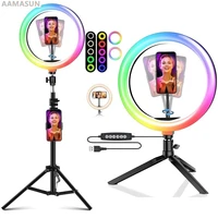 aamasun dimmable rgb led selfie ring fill light photo ring lamp with tripod for makeup video live aro de luz para celular