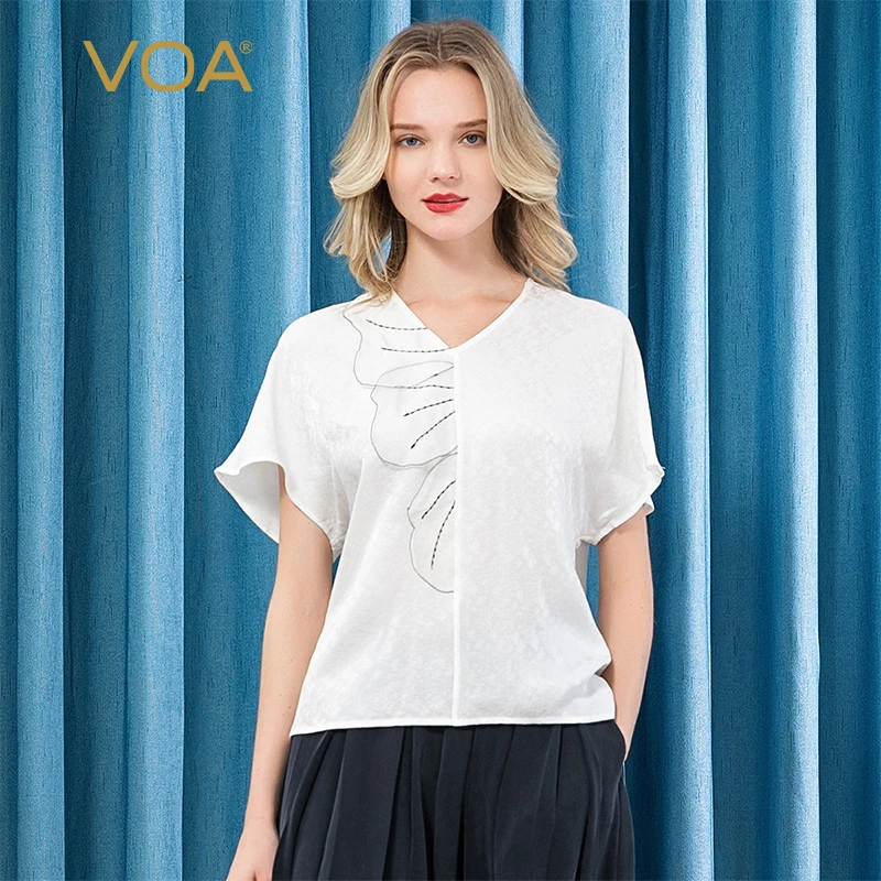 

VOA Silk 22m/m White Jacquard Collar Organza Splicing Bat Short-sleeved T-shirt B86 Harajuku Befree Tshirt B86 Women Tops