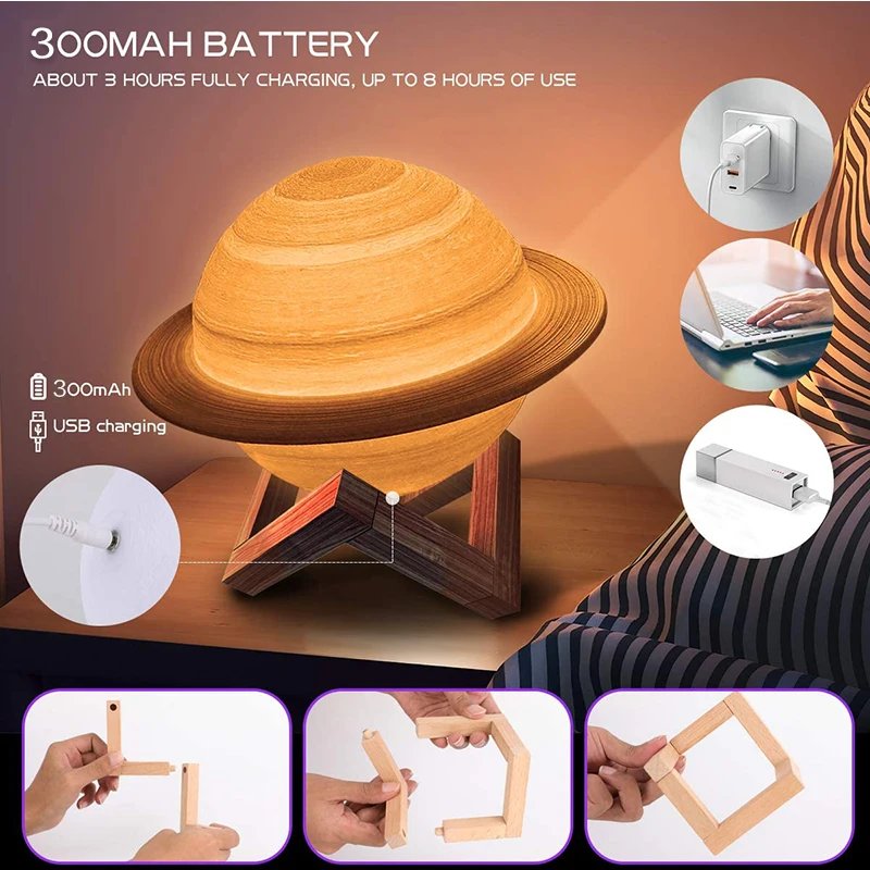 

3D Printing Saturn LED Night Light 16 Colors Change Touch and Remote Control USB LED lamp lights Creative Gifts for Kids