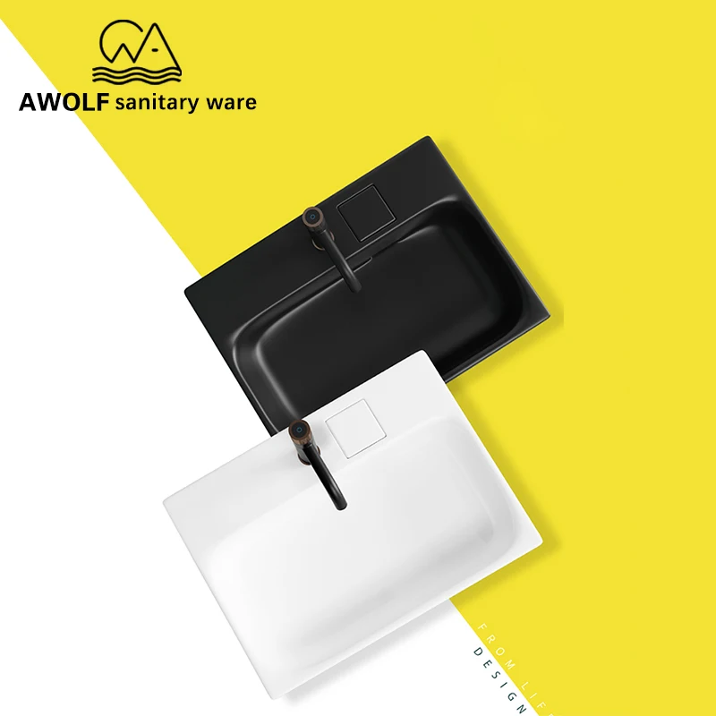 

Modern Bathroom Sinks Matte Black White Ceramic Vessel Above Counted With Hidden Drain Soft Hose Designer Washing Basin AM929