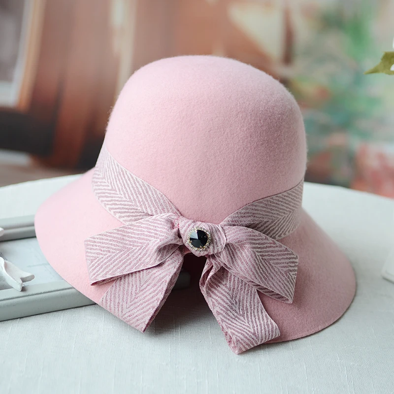 

H282 Autumn Winter Ladies Wool Fedoras Hat Female Korean Casual Elegant Basin Cap Women Warm Chic Bowknot Sweet All-match Hats