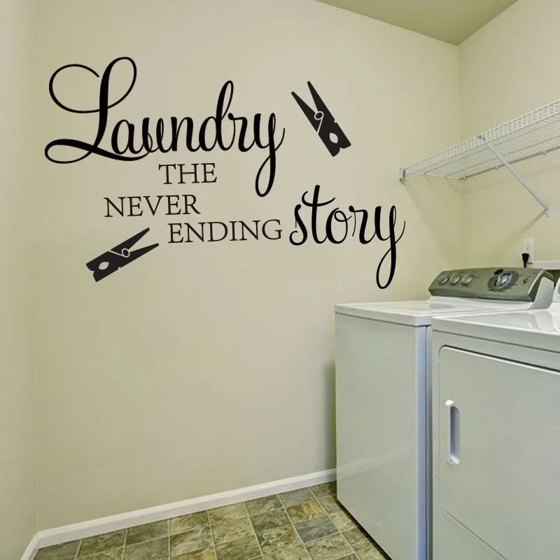 Pegatina de pared de lavandería the never ending story, calcomanía de pared de vinilo para decoración del hogar, lavadero, cita
