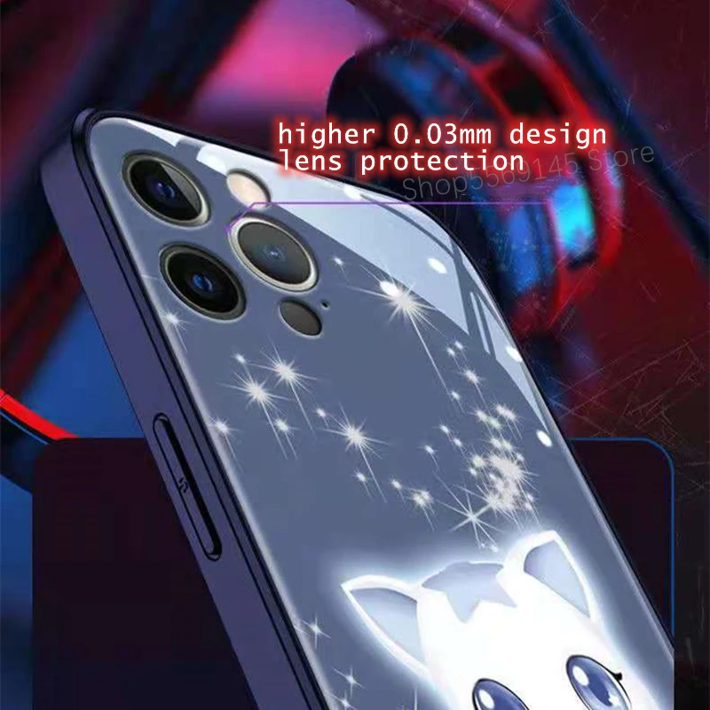 Lovely Bling Alien Cat Kitten Bling Coque Capa For iPhone 11 12 Mini Pro 7 8 Plus XS MAX X XR LED Flash Call Light Phone Case