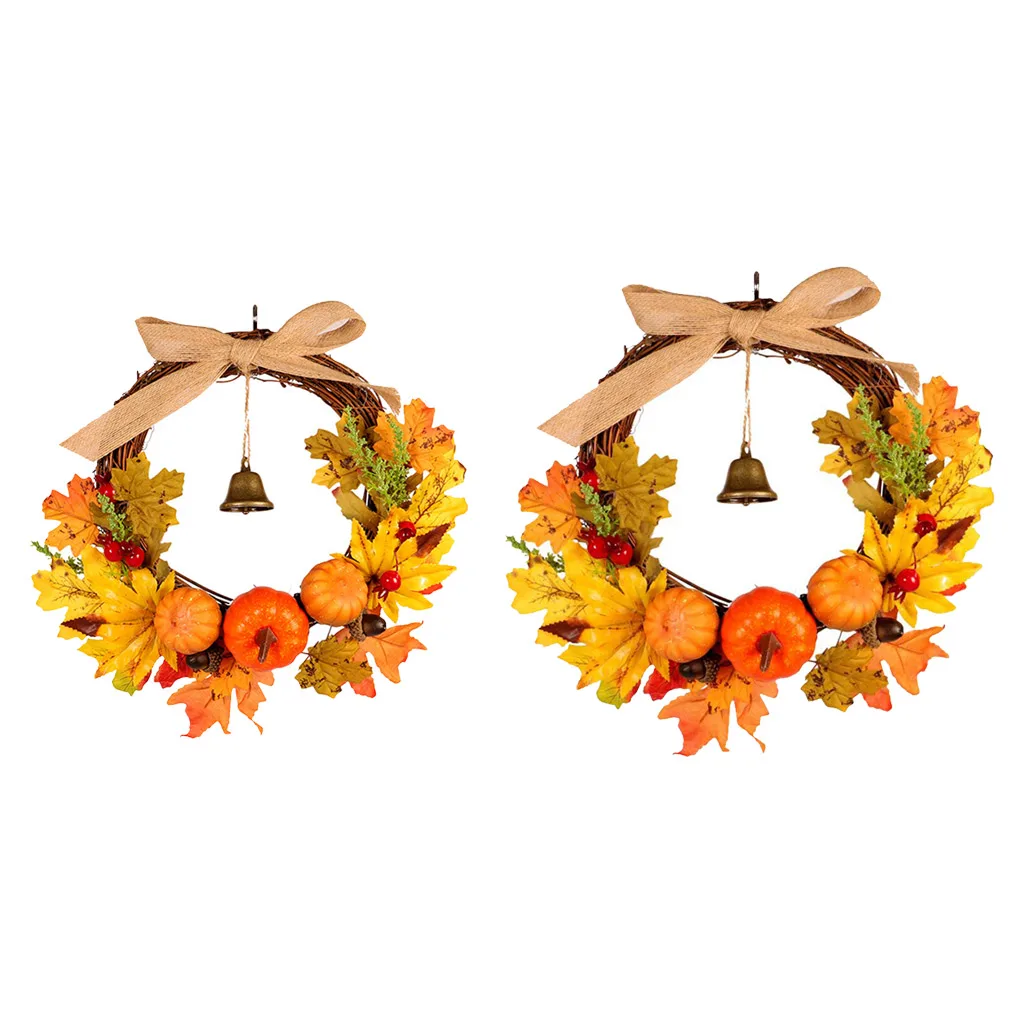 

Maple Leaf Pumpkin Wreath with Bell Fall Wreath Artificial Pumpkin Wreath with Berries for Thanksgiving Halloween Wall Decor