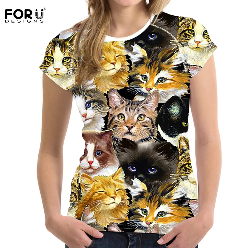 FORUDESIGNS/летние футболки с 3D принтом кота для девочек; повседневная домашняя одежда для студентов; фитнес-футболки для бодибилдинга; женские топы