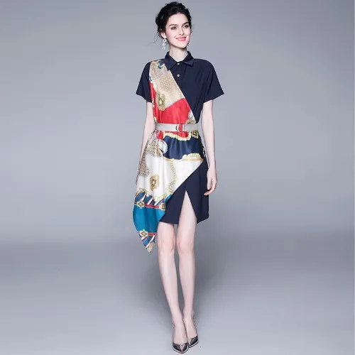 

Femme Dresses Luxury Runway Shirt Dress Office Lady Short Sleeve Chain Print Patchwork Silk Scarf Belt Casual Split Mini Dresses