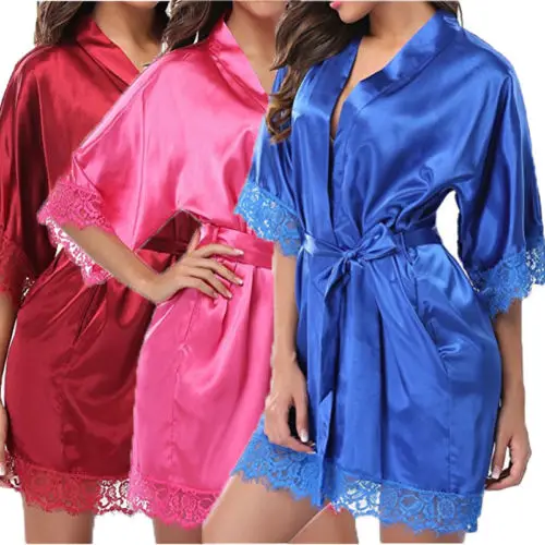 

Kalenmos Women Night Gown Satin Robe Bathrobe Satin Nightgown Halt Sleeve Pajamas Lingerie Night Mini Dress Lace Sexy Sleepwear