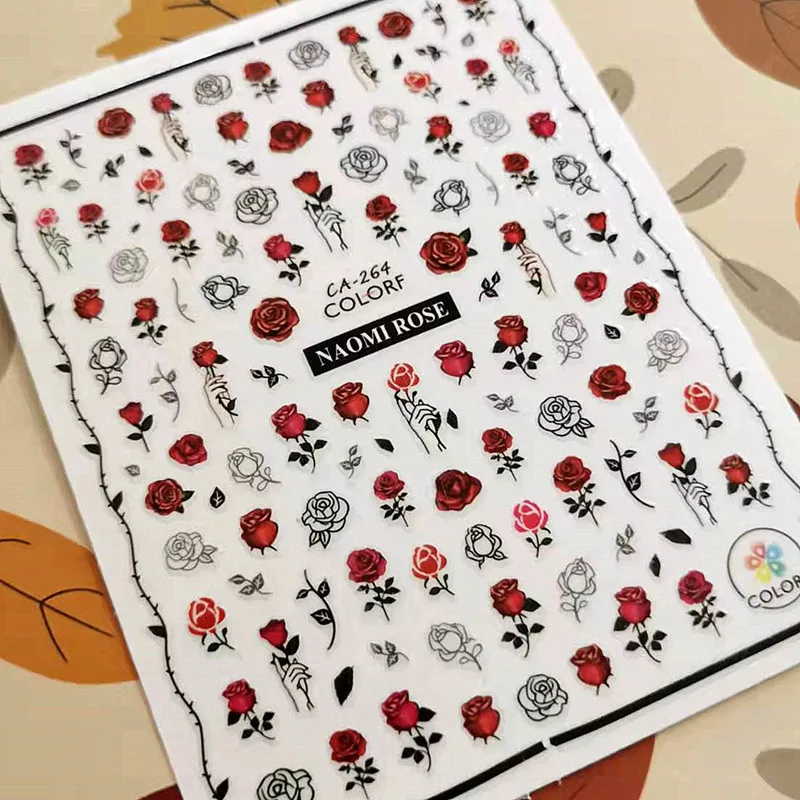 

Newest CA264 red rose flower design 3d nail sticker decal export rhinestiones DIY decorations for nail wraps