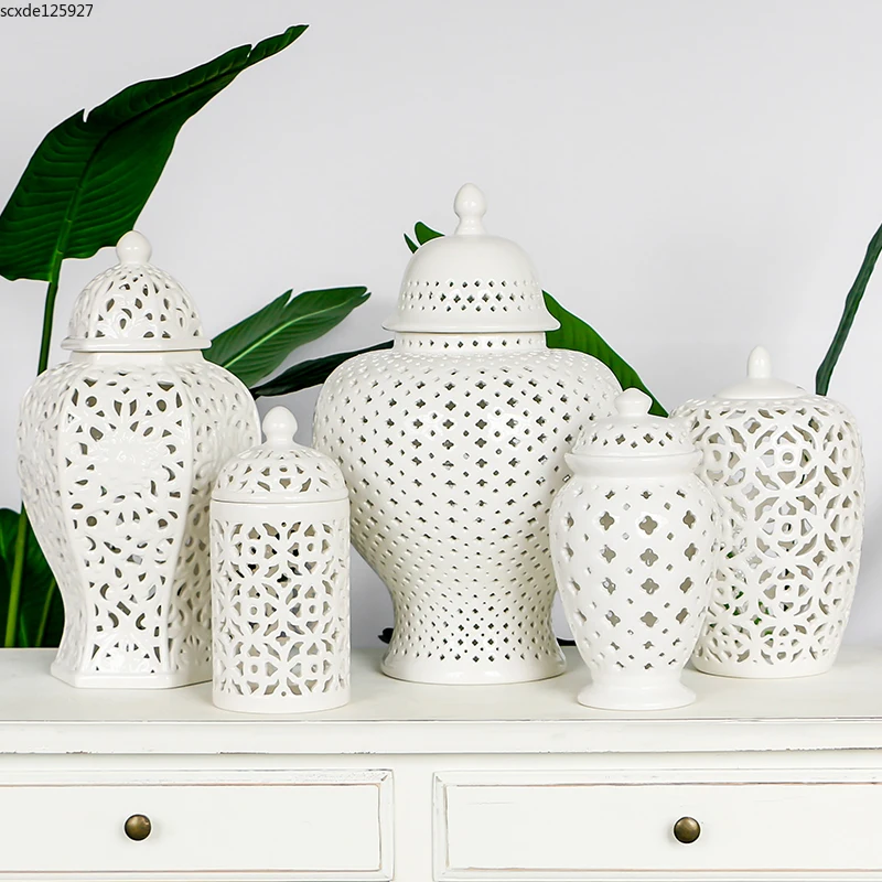 

Simple White Ceramic Hollow Pot Dried Flower Vase Gift Desktop Decoration Large Flower Vase General Pot with Lid Home Decoration
