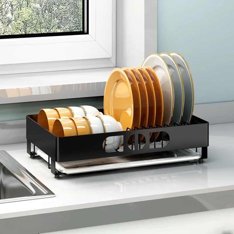 

Black Thick Stainless Steel Kitchen Dish Drying Rack for Plates and Bowls Dinnerware Organizer with Drainer Tableware Container