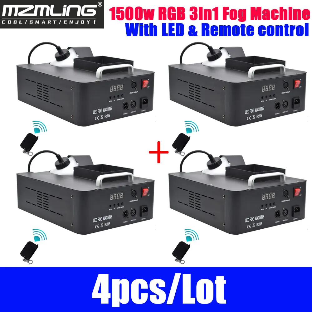 4 шт./лот LED 1500 Вт RGB 3в1 противотуманная машина 2.5л DMX512 дымовая с 24x3 световая