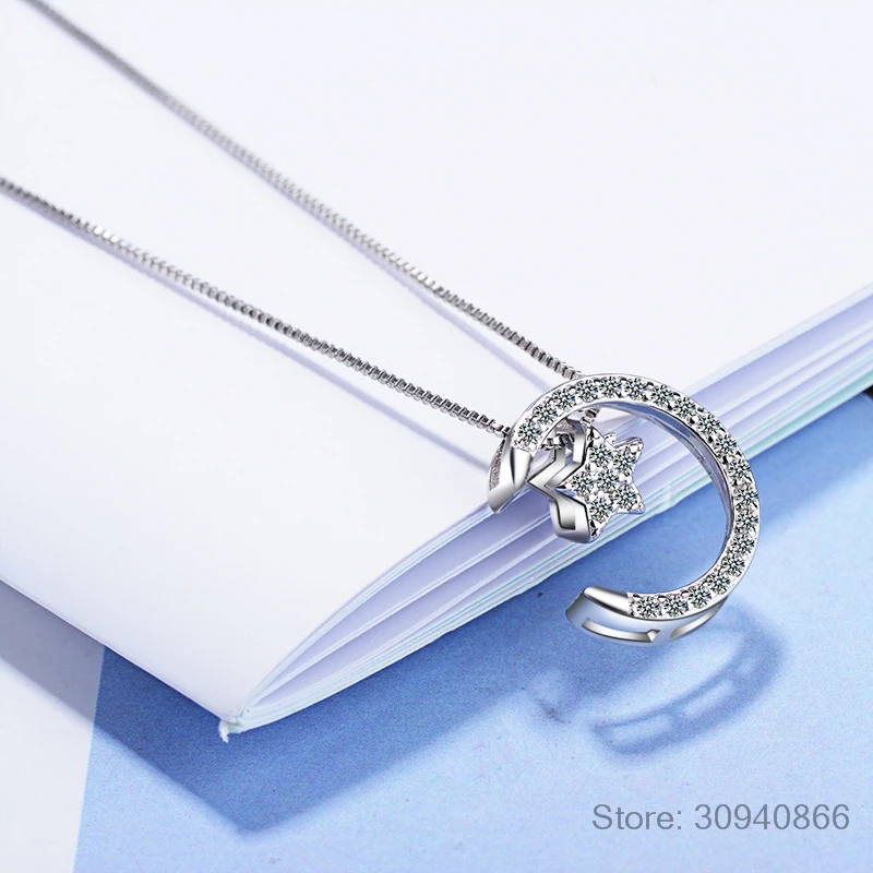 

925 Sterling Silver Moon Star Pendant Necklaces with Austrian Crystal for Women 4 Ways to Wear Necklace Gifts SN06