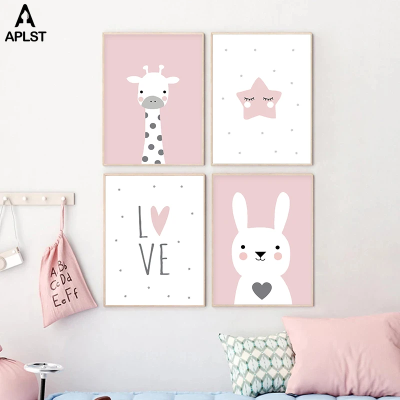 

Cartoon Nursery Prints Pink Rabbit Giraffe Star Love Poster Baby Kid's Canvas Painting Modern Wall Art Nordic Picture Decor